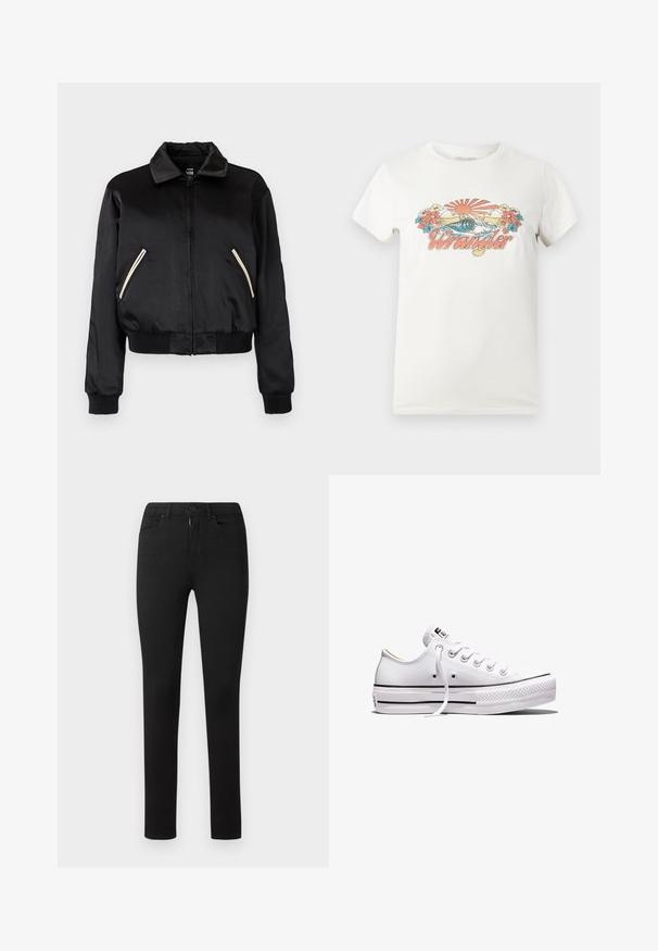 Sort satin bomberjakke med ribbet kant, der har to sidelommer med kontrasterende hvide lynlåse og et klassisk kravedesign.; Hvid bomulds t-shirt med et farverigt grafisk motiv af en stigende sol, bølger og blomster, der tydeligt viser "Wrangler" logoet i pink.; Sorte tætsiddende jeans med en glat tekstur, standard femlomme-design, front med lynlås og knaplukning. Ingen synlige mønstre eller detaljer.; Lavtop hvid lærredsneaker med hvide snørebånd, gummisål, sorte stribedetaljer og logo-patch på tungen og hælen.