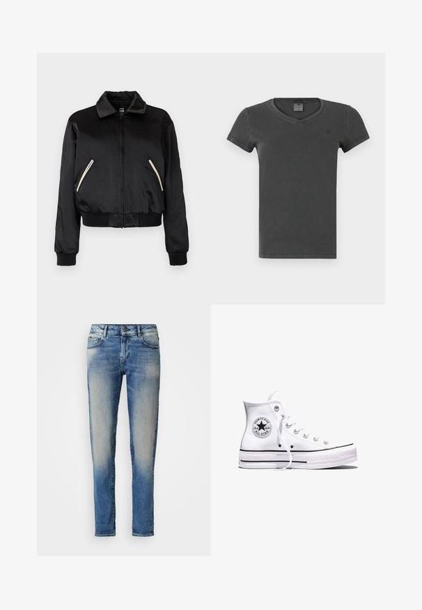 Schwarze Satin-Bomberjacke mit geripptem Saum, ausgestattet mit zwei Seitentaschen mit kontrastierenden weißen Reißverschlüssen und einem klassischen Kragendesign.; Dunkelgraues T-Shirt mit kurzen Ärmeln und V-Ausschnitt mit dezentem Logo auf der linken Brust, dargestellt vor einem einfarbigen hellen Hintergrund.; Blaue, verwaschene Skinny-Jeans mit Vordertaschen, Gürtelschlaufen und einem Knopfverschluss, präsentiert auf einem schlichten weißen Hintergrund.; Weißer Converse Chuck Taylor All Star High-Top-Sneaker mit schwarzen Streifen und Logo-Patch an der Seite, präsentiert vor einem schlichten weißen Hintergrund.