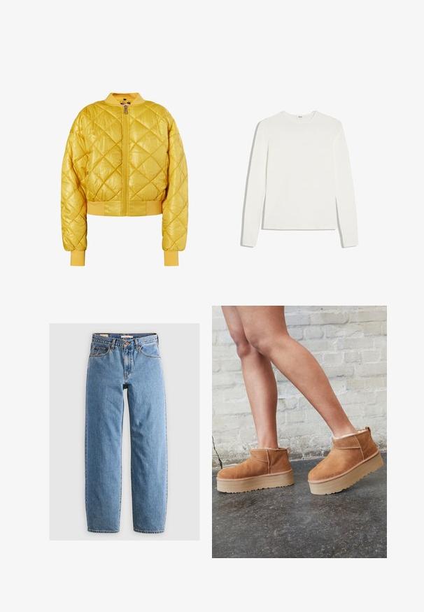 Veste bomber matelassée jaune avec fermeture à glissière à l'avant, col et poignets côtelés ; tissu brillant avec un design court et un motif en diamant.; T-shirt blanc uni à manches longues avec col rond et coupe ajustée, posé à plat sur un fond blanc.; Jean en denim bleu clair avec une coupe droite, cinq poches, une fermeture éclair et une texture légèrement délavée. Style classique avec peu de matériel.; Bottines en suède marron avec une doublure en peluche, semelle épaisse en beige et une poignée à l'arrière. Surface texturée avec des détails de couture visibles.