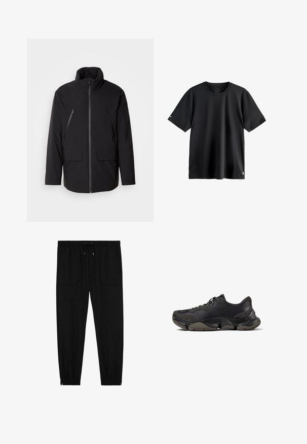 Chaqueta negra con cuello alto, cierre frontal completo, dos bolsillos en el pecho con cremallera y dos bolsillos frontales con solapa; textura suave y corte relajado.; Camiseta deportiva negra lisa de manga corta con cuello redondo, etiqueta de talla mediana en el interior del cuello y pequeño logo en el dobladillo inferior izquierdo.; Pantalones jogger negros con cintura elástica, cordón ajustable, bolsillos frontales de parche y puños elásticos sobre un fondo blanco.; Zapatilla deportiva negra con suela texturizada, parte superior de cuero y gamuza, cuello acolchado y cierre con cordones, mostrada en perfil lateral.