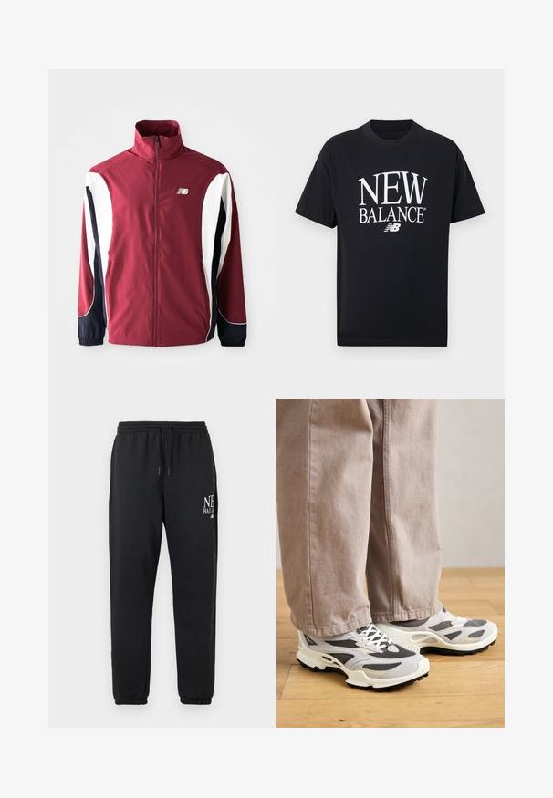 Bordeauxkleurige jack met hoge kraag, volledige rits, witte en marineblauwe zijpanelen, en logo op de linkerborst. Glad materiaal met elastische manchetten.; Zwart T-shirt met korte mouwen en grote witte "NEW BALANCE" tekst en merklogo gecentreerd aan de voorkant tegen een effen achtergrond.; Zwarte joggerbroek met elastische tailleband en boorden, met wit "New Balance"-logo op de bovenste linker dij.; Persoon in beige wijde broek en grijs-witte sport sneakers staat op houten vloer.