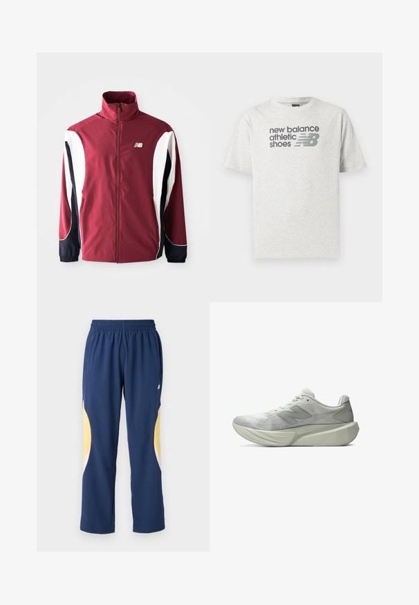 Bordeauxkleurige jack met hoge kraag, volledige rits, witte en marineblauwe zijpanelen, en logo op de linkerborst. Glad materiaal met elastische manchetten.; Lichtgrijs T-shirt met korte mouwen met de tekst "new balance athletic shoes" en een gestileerd "NB" logo in donkergrijs op de borst.; Marineblauwe sportbroek met een elastische tailleband. Bevat gele en witte gebogen accenten aan de zijkanten. Zachte, gladde stof.; Lichtgrijze sportschoen met dikke, gevormde zool en patroon op het bovenwerk, met een gestileerd "N"-logo aan de zijkant.