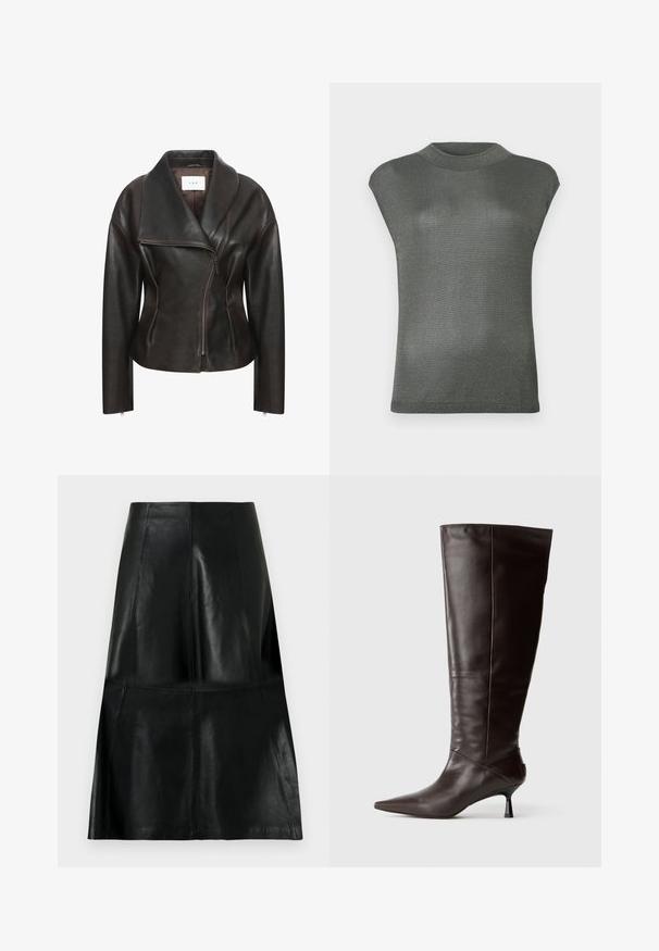 Chaqueta de cuero marrón con un amplio cuello, cremallera diagonal en la parte delantera y silueta entallada. Presenta una textura suave y mínimos detalles de costura.; Top corto de manga larga de un gris metálico y oscuro con un cuello alto. Hecho de un material elástico y ligeramente reflectante. Textura suave y diseño ajustado.; Falda de cuero negra hasta la rodilla con costuras de paneles verticales y horizontales, ligeramente acampanada en la parte inferior.; Bota de cuero marrón hasta la rodilla con punta afilada y tacón delgado. Textura suave y diseño elegante, con una silueta minimalista.