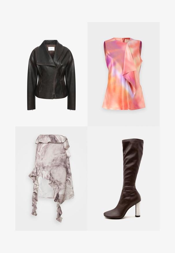 Veste en cuir marron avec un large col, fermeture éclair diagonale sur le devant et silhouette ajustée. Présente une texture lisse et des détails de couture minimalistes.; Débardeur en satin, orné d'un motif abstrait coloré dans des tons de rose, d'orange et de violet, avec un design drapé à l'avant.; ROKH MIDI SKIRT RUFFLES - Jupe trapèze - purple; Botte en cuir marron foncé montant jusqu’au genou, à bout carré et talon haut cylindrique argenté épais.