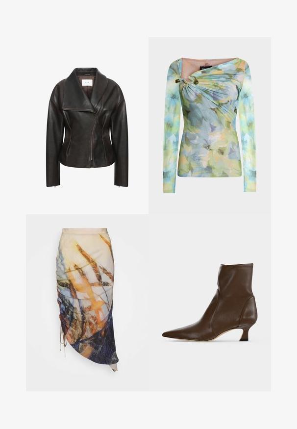 Veste en cuir marron avec un large col, fermeture éclair diagonale sur le devant et silhouette ajustée. Présente une texture lisse et des détails de couture minimalistes.; Haut ajusté à manches longues avec motif floral pastel, encolure asymétrique resserrée avec deux perles vertes sur l'épaule gauche.; Materiel DIAGONAL GATHERED SKIRT - Jupe crayon - golden hour; Bottine en cuir marron à bout pointu et talon bas incurvé sur fond clair.