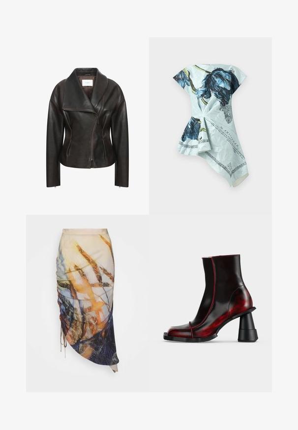 Veste en cuir marron avec un large col, fermeture éclair diagonale sur le devant et silhouette ajustée. Présente une texture lisse et des détails de couture minimalistes.; Robe bleu clair asymétrique avec un grand imprimé floral bleu foncé et un texte noir, présentant une taille froncée et un ourlet drapé.; Materiel DIAGONAL GATHERED SKIRT - Jupe crayon - golden hour; Bottine noire et rouge foncé brillante avec talon épais géométrique et bout carré, présentée sur un fond clair uni.