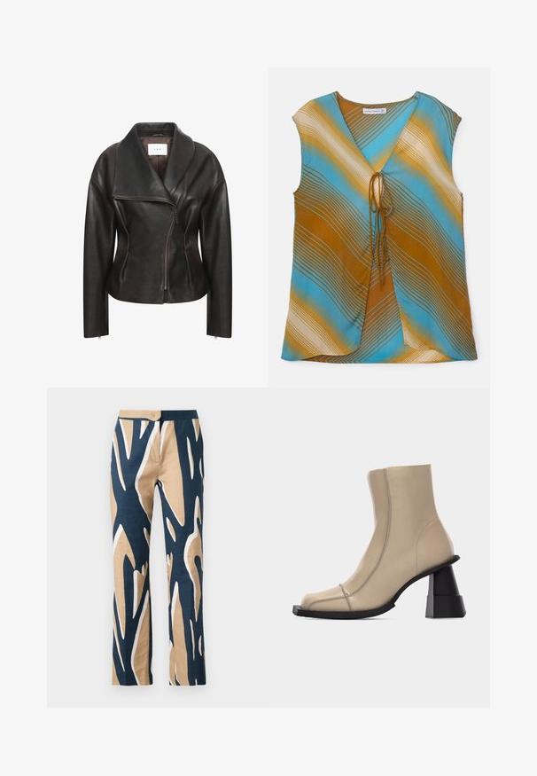 Veste en cuir marron avec un large col, fermeture éclair diagonale sur le devant et silhouette ajustée. Présente une texture lisse et des détails de couture minimalistes.; Haut sans manches multicolore en bleu, marron et crème avec des rayures ondulées. Doté d'un décolleté en V et d'un détail à nouer à l'avant.; Pantalons à jambes larges dans un motif graphique bleu marine, beige et blanc. Fabriqués en tissu léger avec une texture lisse et une taille ajustée.; Bottine beige en cuir avec bout carré, couture visible, et talon bloc noir sculpté et épais sur fond blanc.