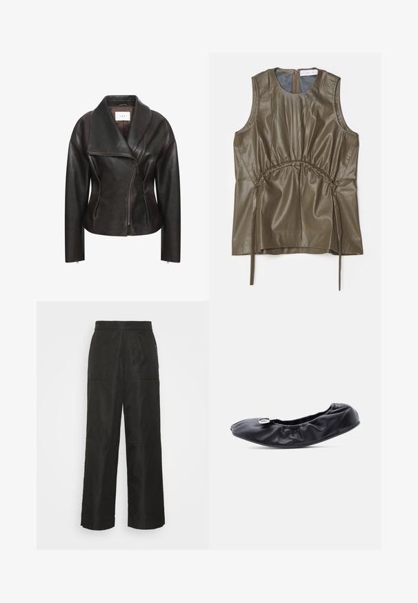Veste en cuir marron avec un large col, fermeture éclair diagonale sur le devant et silhouette ajustée. Présente une texture lisse et des détails de couture minimalistes.; Proenza Schouler White Label DRAWSTRING - Débardeur - wood; BLANCHE ELAYNE PANTS - Pantalon classique - black; Chaussure plate en cuir noir avec un bout arrondi et un design froncé le long de l'ouverture. Présente un détail discret en métal argenté sur le devant.