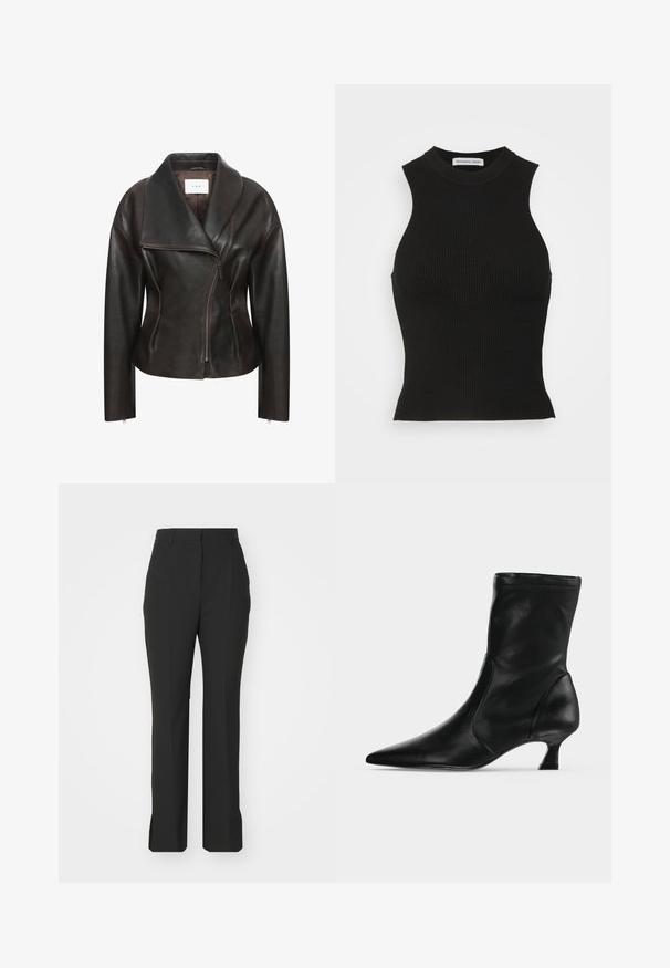 Chaqueta de cuero marrón con un amplio cuello, cremallera diagonal en la parte delantera y silueta entallada. Presenta una textura suave y mínimos detalles de costura.; DESIGNERS REMIX MANDY TANK - Top - black; Pantalones negros ajustados, diseño de pierna recta, con pliegues en el frente, fabricados en tejido suave, con aberturas en los laterales del dobladillo.; Bota negra de cuero hasta media pantorrilla con puntera puntiaguda y tacón bajo tipo kitten, vista de lado sobre un fondo claro y liso.