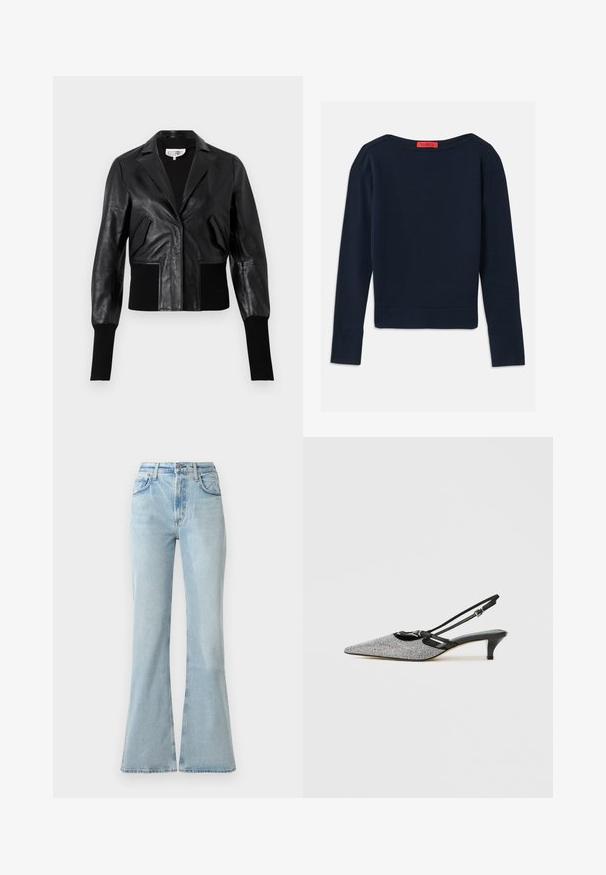 Sort læder cropped jakke med skræddersyet krave, ribbede manchetter og to forlommer. Glat tekstur med en blank overflade.; Mørkeblå langærmet crewneck sweater med et rødt mærke ved halsen, præsenteret fladt på en hvid baggrund.; Lys blå denim flare jeans med høj talje, der har forlommer, knaplukning og en let slidt tekstur.; Slingback pump med spids tå, sort og hvid rhinsten dekoration, og en lav kitten heel. Justerbar strop for sikker pasform.