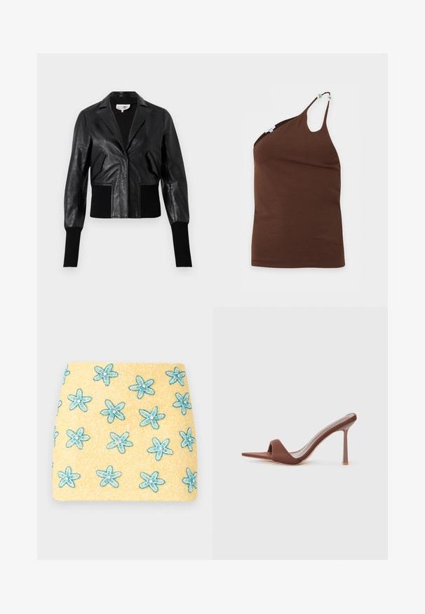 Sort læder cropped jakke med skræddersyet krave, ribbede manchetter og to forlommer. Glat tekstur med en blank overflade.; Brun asymmetrisk ærmeløs tanktop med tynde stropper, hvor den ene strop har tre små perler som dekorative accenter.; Gult tekstureret stof med spredte blå broderede blomster, hver med en hvid perle i midten, jævnt fordelt over overfladen.; Brune hælede sandaler med spids tå, lavet af et glat stof. Har et minimalistisk design med en høj stilettohæl og åben bagdel.