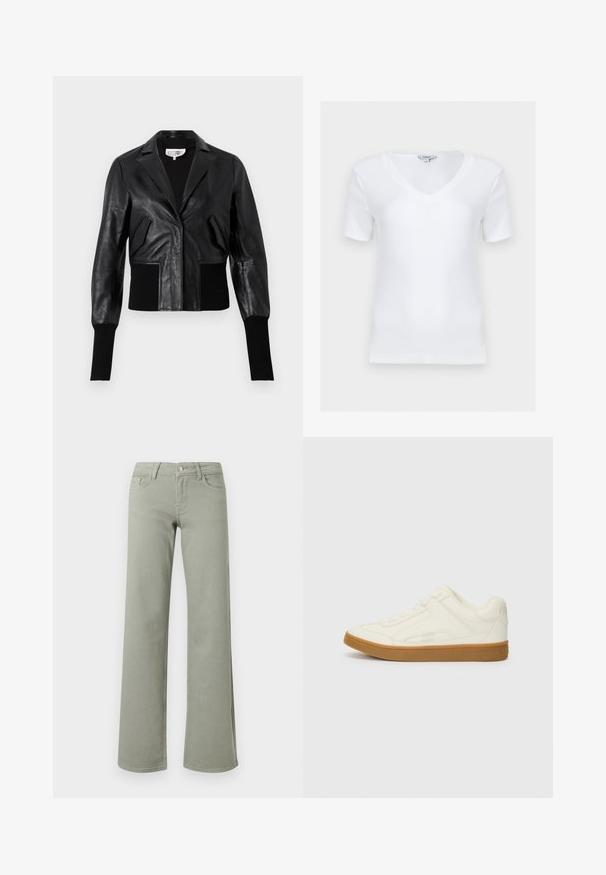 Sort læder cropped jakke med skræddersyet krave, ribbede manchetter og to forlommer. Glat tekstur med en blank overflade.; Hvid kortærmet ribstrikket T-shirt med V-hals og figursyet pasform, vist fladt mod en lys baggrund.; Lysegrønne bukser med høj talje og lige ben, med linning, knap, lynlås samt lommer foran og bagpå på en hvid baggrund.; Hvide læder sneakers med lav profil, rund tå og struktureret overflade. Har en gummisål i naturgummi og diskrete syninger.
