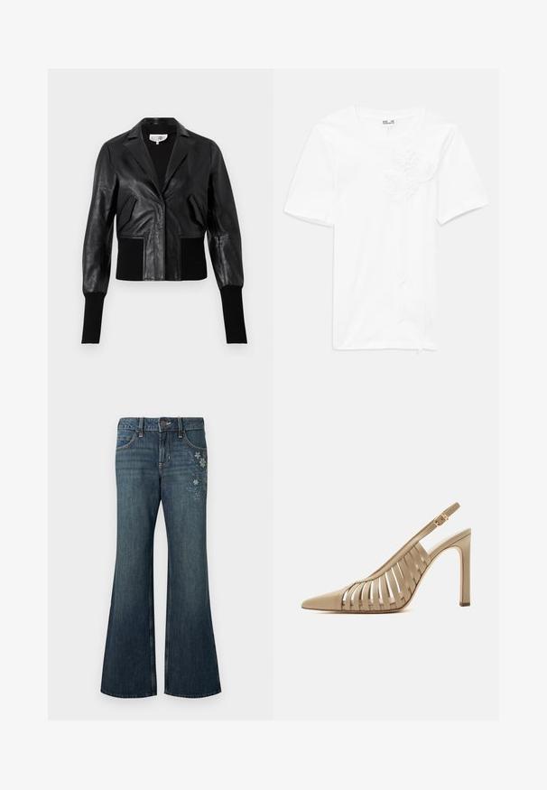 Sort læder cropped jakke med skræddersyet krave, ribbede manchetter og to forlommer. Glat tekstur med en blank overflade.; Hvid kortærmet t-shirt lavet af bomuld med tre teksturerede blomst-applikationer på forsiden, med en rund halsudskæring og en afslappet pasform.; Mørkeblå klokkeben jeans med knapper foran, lommer og let blomsterbroderi på højre lår mod en ensfarvet baggrund.; Beige høje hæle slingback sko med spids tå og cut-out remdesign, med en guldbeklædning på ankelremmen.