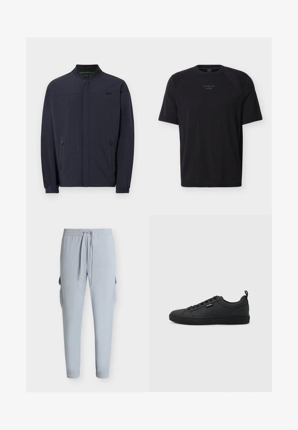 Veste zippée bleu marine avec col montant, poignets élastiques, deux poches latérales zippées, motif vertical subtil et petit logo sur la poitrine.; T-shirt noir à manches courtes et col rond avec le logo "Porsche BOSS" centré sur la poitrine, sur un fond uni.; Pantalon de jogging gris clair avec taille élastique et cordon, avec poches cargo latérales et jambes fuselées avec poignets.; Baskets basses noires à fermeture à lacets, semelle plate, avec une petite étiquette "HUGO" sur le côté, présentées de profil sur un fond clair.