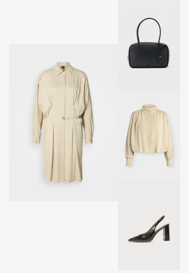 Blouse beige à manches longues avec col montant, épaules bouffantes, poignets boutonnés et coupe ample légèrement raccourcie sur fond uni.; Robe-chemise beige à manches longues avec col, fermeture à boutons, plis et fine ceinture à la taille sur un fond uni.; Chaussure slingback en cuir noir à bout pointu avec un talon bloc haut et une doublure intérieure beige sur un fond clair uni.; Sac à main rectangulaire noir avec doubles poignées arrondies, fermeture éclair dorée et logo "HUGO" embossé sur le devant avec une étiquette en cuir attachée.
