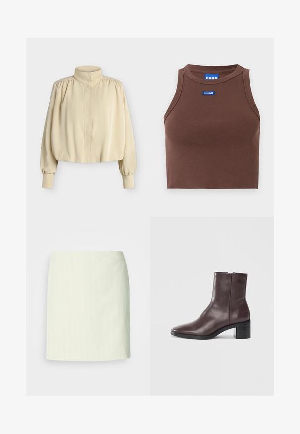 Blouse beige à manches longues avec col montant, épaules bouffantes, poignets boutonnés et coupe ample légèrement raccourcie sur fond uni.; Haut court côtelé marron avec un col rond et des coutures renforcées, avec une étiquette rectangulaire bleue portant le logo HUGO sur le devant.; Jupe crayon ivoire longueur genou avec de subtiles fines rayures verticales et une taille cintrée.; Bottine en cuir marron foncé avec un orteil carré, un talon bloc et un logo embossé subtil près du haut sur fond blanc uni.