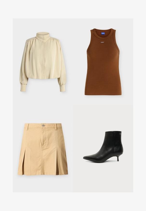 Blouse beige à manches longues avec col montant, épaules bouffantes, poignets boutonnés et coupe ample légèrement raccourcie sur fond uni.; Débardeur marron côtelé sans manches avec encolure ronde et petit patch logo HUGO au centre devant sous le col.; Jupe beige longueur genou avec passants de ceinture, fermeture à boutons sur le devant, deux plis avant et coutures visibles sur fond uni.; Bottine en cuir noir avec bout pointu et petit talon kitten sur fond clair, vue côté extérieur.