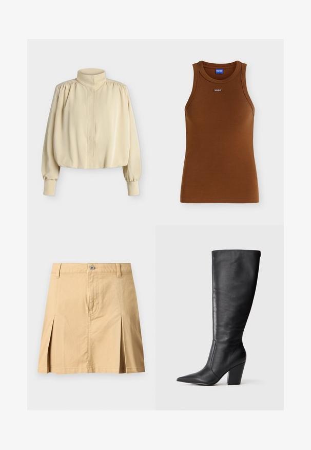 Blouse beige à manches longues avec col montant, épaules bouffantes, poignets boutonnés et coupe ample légèrement raccourcie sur fond uni.; Débardeur marron côtelé sans manches avec encolure ronde et petit patch logo HUGO au centre devant sous le col.; Jupe beige longueur genou avec passants de ceinture, fermeture à boutons sur le devant, deux plis avant et coutures visibles sur fond uni.; Botte en cuir noire à hauteur de genou avec bout pointu et talon large, présentée en profil latéral gauche sur fond blanc.