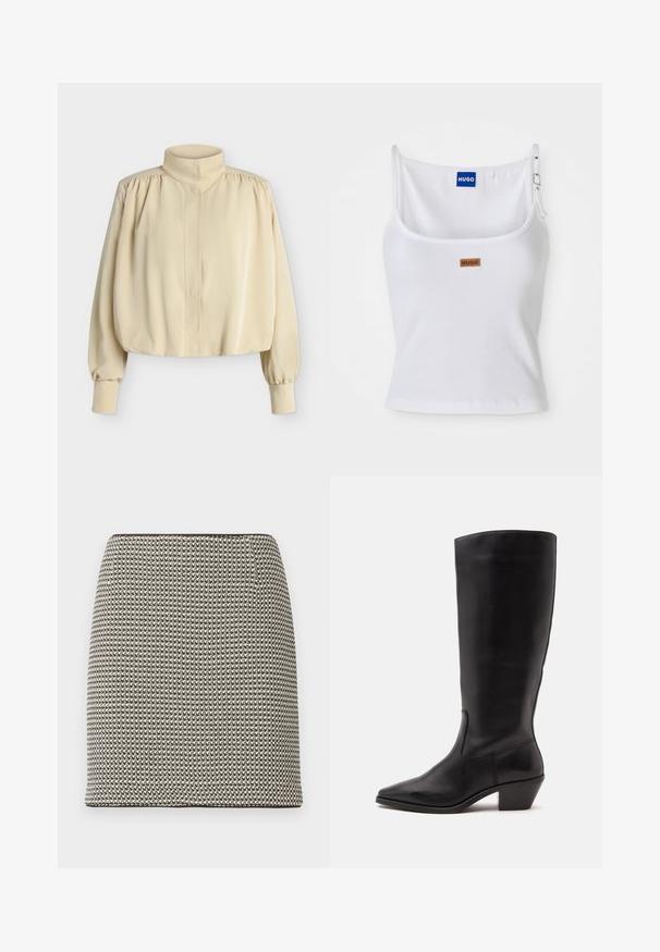Blouse beige à manches longues avec col montant, épaules bouffantes, poignets boutonnés et coupe ample légèrement raccourcie sur fond uni.; Débardeur blanc côtelé avec bretelles réglables, arborant une étiquette logo bleue et une petite étiquette marron, fabriqué en tissu doux et extensible.; Mini-jupe droite à motif pied-de-poule noir et blanc, taille haute, sans ornements ni poches visibles.; Botte en cuir noire mi-mollet avec un bout pointu et un talon bas incliné sur un fond clair uni.