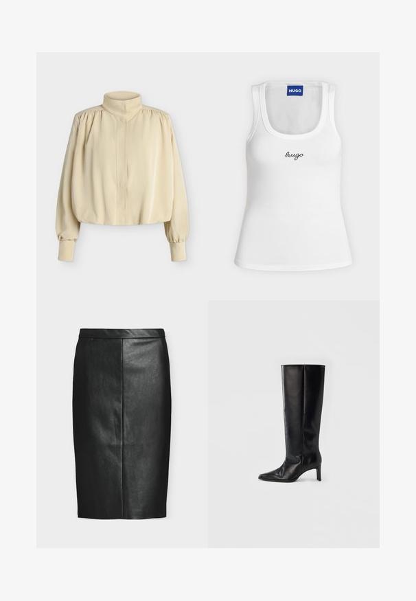 Blouse beige à manches longues avec col montant, épaules bouffantes, poignets boutonnés et coupe ample légèrement raccourcie sur fond uni.; Débardeur blanc sans manches avec encolure ronde, "hugo" brodé en noir au centre de la poitrine, et étiquette bleue HUGO à l’intérieur du col.; Jupe crayon noire en similicuir longueur genou avec taille haute et détail de couture centrale.; Bottes noires montantes en cuir lisse, avec un bout pointu et un talon fin, une tige ajustée et un design minimaliste.
