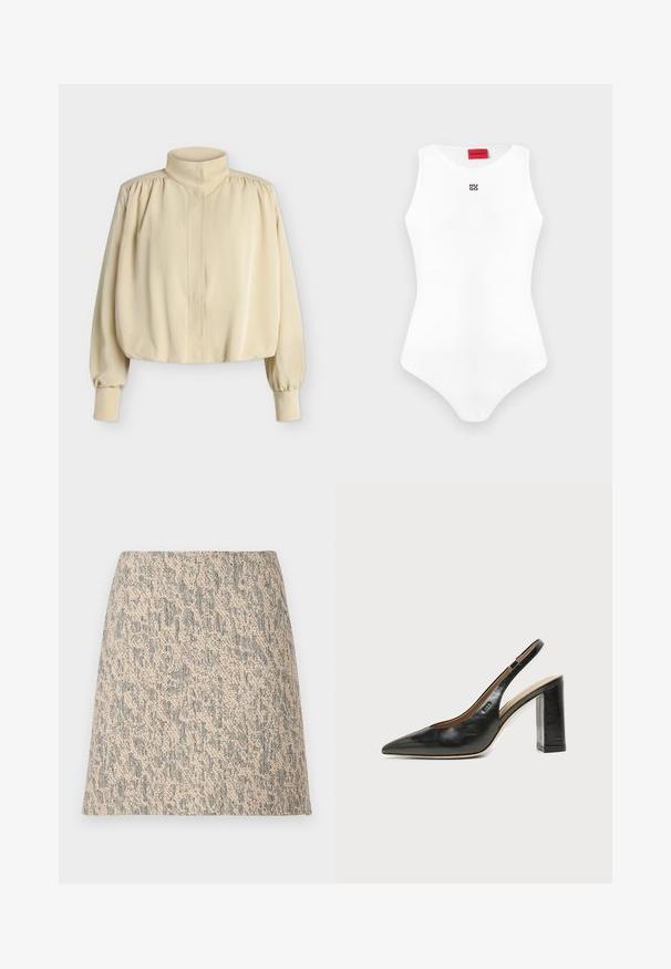 Blouse beige à manches longues avec col montant, épaules bouffantes, poignets boutonnés et coupe ample légèrement raccourcie sur fond uni.; Body blanc sans manches, ajusté, avec encolure ronde et petit logo noir "HUGO" sur la poitrine, étiquette de marque rouge à l'intérieur du col.; Mini-jupe en tissu tissé beige et gris avec une forme évasée en A et un motif irrégulier subtil.; Chaussure slingback en cuir noir à bout pointu avec un talon bloc haut et une doublure intérieure beige sur un fond clair uni.