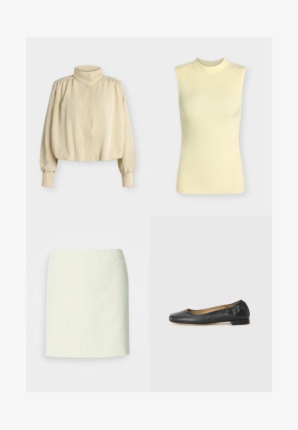 Blouse beige à manches longues avec col montant, épaules bouffantes, poignets boutonnés et coupe ample légèrement raccourcie sur fond uni.; Top sans manches en maille côtelée jaune pâle avec un col rond montant, silhouette ajustée et tissu doux texturé.; Jupe crayon ivoire longueur genou avec de subtiles fines rayures verticales et une taille cintrée.; Ballerines en cuir noir avec un bout arrondi et des coutures minimales. Talon bas et rectangulaire avec une texture lisse. Détails subtils de doublure intérieure.