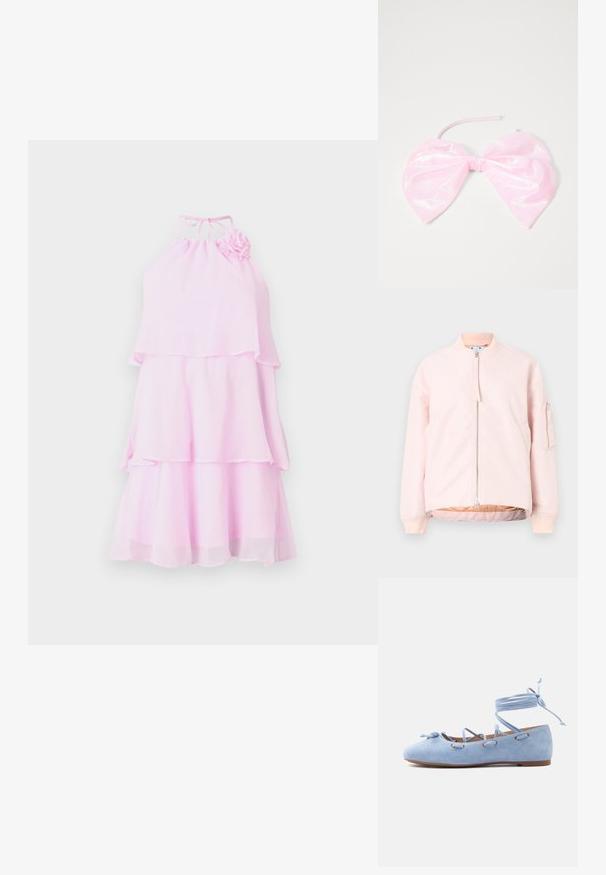 Chaqueta bomber de color rosa claro con cremallera frontal, cuello y puños de canalé, y un bolsillo lateral. Textura suave y corte relajado.; Vestido rosa en capas con cuello halter y un acento floral. Hecho de tela liviana, con un diseño fluido y volantes en capas.; Bailarina plana de ante azul claro con tiras de cordones que se envuelven alrededor del tobillo y un pequeño lazo en la punta.; Accesorio para el cabello de color rosa y brillante con forma de gran lazo, con una textura suave y una delgada correa para asegurarlo en su lugar.