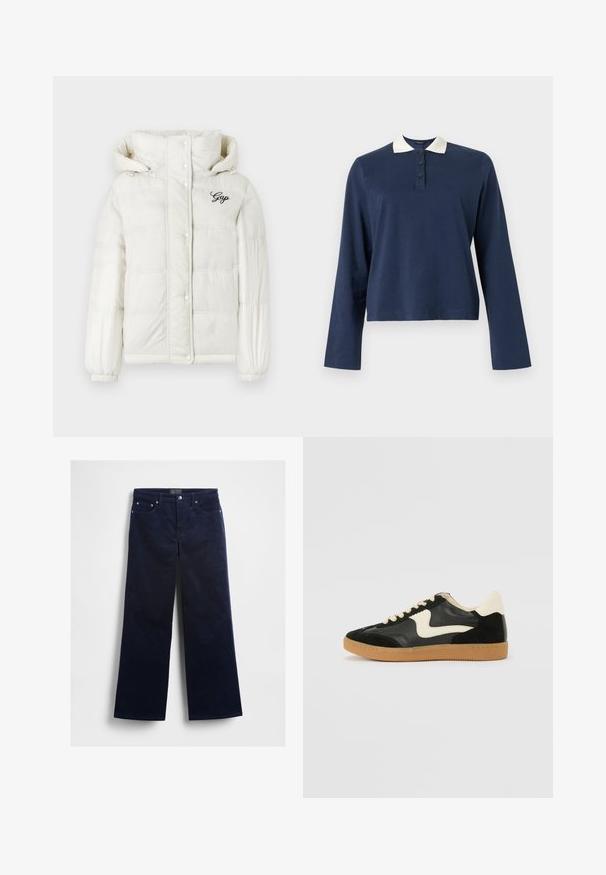 Doudoune blanche avec capuche, dotée de panneaux cousus, de poignets élastiques et du logo "Gap" noir sur la poitrine gauche. Texture lisse et brillante.; Polo à manches longues bleu marine avec col blanc et patte à trois boutons, présenté sur un fond uni.; Pantalon en velours côtelé bleu marine avec une coupe jambes larges, doté de cinq poches et de garnitures argentées. Texture lisse avec des côtes verticales subtiles.; Baskets en daim et cuir noir avec un swoosh latéral crème et un talon crème clair. Dotées de lacets beige et d'une semelle en caoutchouc gomme.