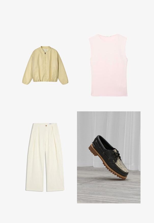 Veste bomber beige clair avec fermeture éclair à l'avant, ourlet et poignets élastiqués, et deux poches latérales fendues.; Haut sans manches rose clair à col rond, avec un ourlet droit, confectionné dans un tissu lisse et léger.; Pantalon large couleur crème avec plis à l'avant, fermeture à boutons et étiquette à la taille, présenté sur un fond blanc.; Bateau chaussure à imprimé léopard noir et beige avec des lacets foncés et une semelle en caoutchouc épaisse marron sur un sol en bois clair contre un rideau blanc.