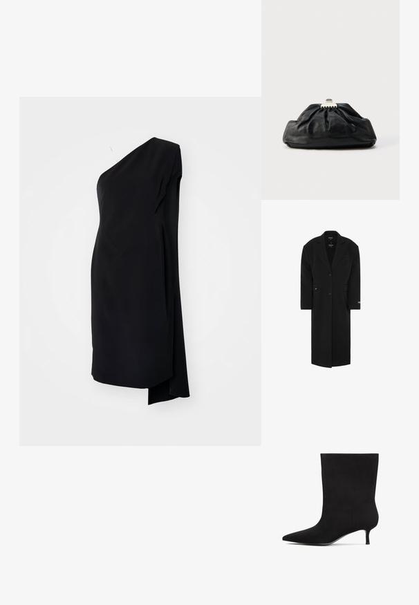 Sort oversized frakke med klapkrave, enkelt knaplukning, frontlommer og en glat tekstur. Har et mærke på ærmet.; Sort asymmetrisk kjole med én skulder, lavet af glat stof, med en draperet design og en sideslids for ekstra detaljer.; Sort ruskinds ankelstøvle med spids tå og lav kitten hæl. Glat overflade og minimalistisk design uden markante mønstre eller accenter.; Sort læderclutch med en samlet tekstur, metal lukning og diskret præget logo på forsiden. Rundet form.