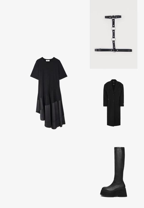 Manteau oversized noir avec un col à revers, fermeture à un bouton, poches avant et une texture lisse. Présente une étiquette de marque sur la manche.; Robe noire à manches courtes avec encolure ronde, ourlet asymétrique et panneaux en tissu satinés en bas.; Bottes noires jusqu'aux genoux en cuir, avec une semelle à plateforme épaisse et une texture lisse, un bout rond et un design sans couture.; Harnais en similicuir noir avec anneaux et clous en métal argenté, doté de sangles ajustables organisées verticalement et horizontalement.