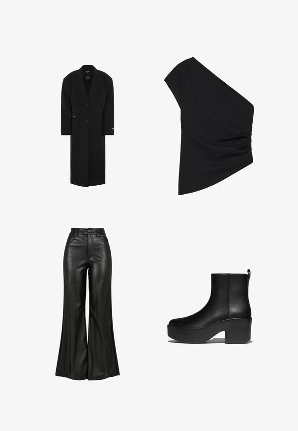 Manteau oversized noir avec un col à revers, fermeture à un bouton, poches avant et une texture lisse. Présente une étiquette de marque sur la manche.; Top noir à une épaule en tissu extensible, avec un détail froncé sur le côté et un ourlet asymétrique. Texture lisse avec un léger tombé.; Pantalons évasés en cuir noir au toucher lisse, avec une taille haute, fermeture à bouton et poches avant. Design à jambes larges et finition polie.; Bottine noire à cheville avec une semelle plateforme épaisse et un talon carré, texture lisse, et une languette de traction à l'arrière.