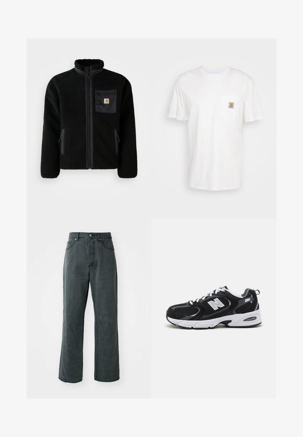 Veste en polaire noire avec fermeture éclair à l'avant, col haut et tissu texturé. Elle dispose d'une poche sur la poitrine et de poches latérales avec fermetures éclair.; T-shirt en coton blanc à manches courtes, avec une poche poitrine et un petit patch logo carré en orange et blanc sur la poche.; Jean en denim gris foncé à jambes larges, doté d'une taille haute, d'un design à cinq poches et d'une texture légèrement délavée.; Baskets de sport noires et grises avec un tige en mesh et en suède, présentant une semelle intermédiaire blanche, des lacets et un logo "N" audacieux sur le côté.