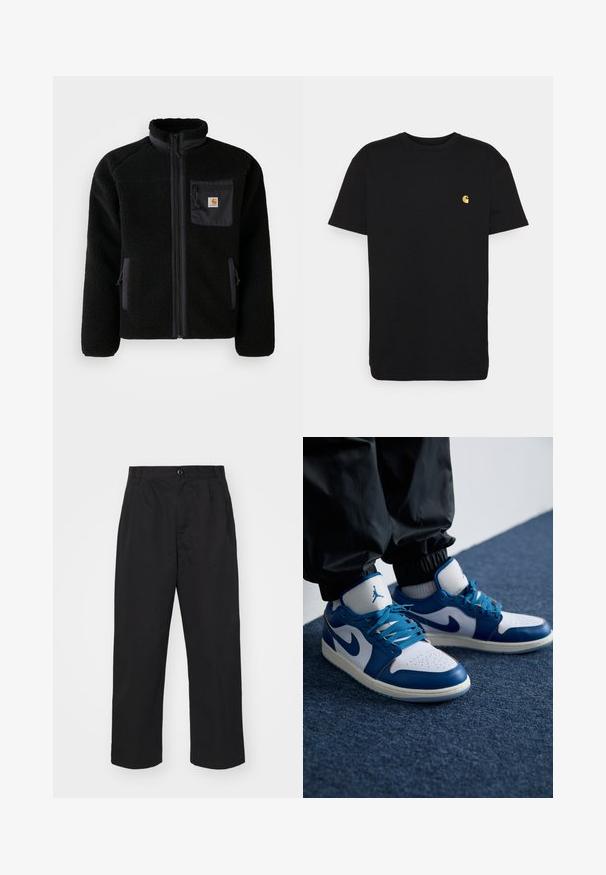 Black fleece jacket with a zip front, high collar, and textured fabric. Features a chest pocket and side pockets with zip closures.; Black cotton t-shirt with short sleeves, crew neck, and a small yellow logo on the left chest area. Simple design and regular fit.; Black cotton trousers with a straight fit, featuring a button closure, two front pockets, and a smooth texture.; Nike Air Jordan sneakers feature a white leather base with blue synthetic accents, a perforated toe box, and blue laces.