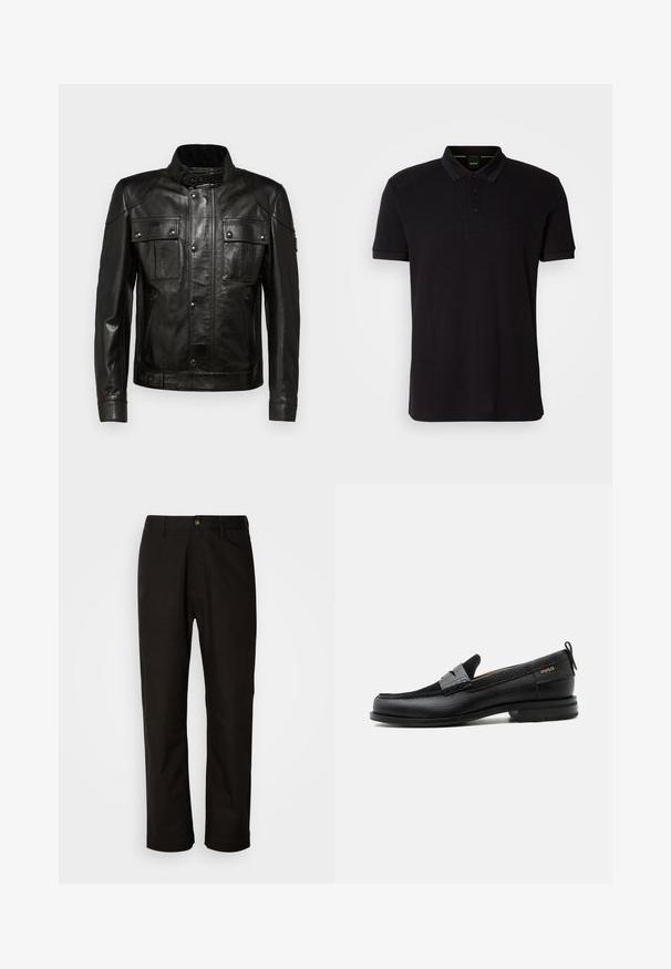 Sorte læderjakke med krave, to frontlommer og detaljeret søm. Indeholder en sidelukning og justerbart bælte i taljen.; Sort polo shirt lavet af blødt stof, med klassisk krave, tre-knaps lukning og et broderet logo på brystet.; Sorte bomuldsbukser med lige pasform, bæltestropper, lynlås foran og en enkelt knappelukning. Glat tekstur uden synlige mønstre.; Sort læderloafer med grå remdetalje, lav hæl og tekstureret sål, mærket med "HUGO" i guld på siden.