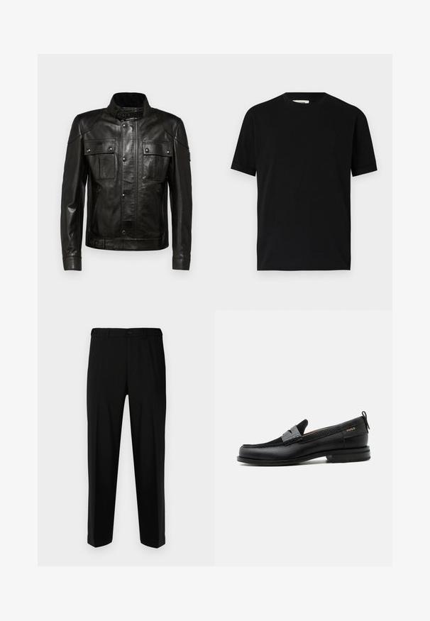 Zwarte leren jas met een kraag, twee voorzakken en gedetailleerde stiksels. Voorzien van een zijrits en een verstelbare riem in de taille.; Zwarte t-shirt met korte mouwen van katoen, met een ronde halslijn en een losse pasvorm. Gladde textuur, zonder patronen of zichtbare logo's.; Zwarte broek van gladde stof, met een rechte snit, twee voorzakken en een ritssluiting met knoopsluiting.; Zwarte leren loafer met grijs riemdetailelement, lage hak en gestructureerde zool, aan de zijkant gebrandmerkt met "HUGO" in goud.