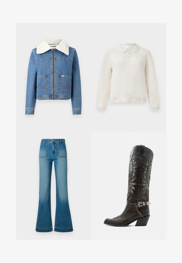 Veste en denim avec fermeture éclair à l'avant, couleur bleu clair, col en fausse toison, deux poches avant avec couture en zigzag et détail du logo Wrangler.; Pull en tricot couleur crème avec motif en losanges, manches longues, ourlet festonné et col à trois boutons.; Jean en denim bleu taille haute avec poches plaquées à l'avant et jambes évasées, comportant une fermeture à bouton et à zip.; Botte de cowboy en cuir noir avec découpes décoratives, boucle argentée et talon incliné, présentée sur fond blanc.