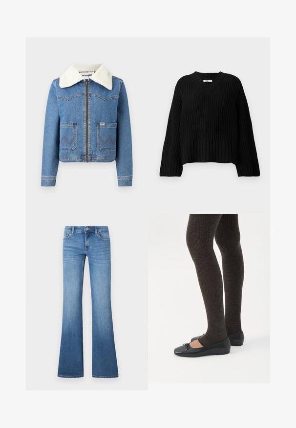 Veste en denim avec fermeture éclair à l'avant, couleur bleu clair, col en fausse toison, deux poches avant avec couture en zigzag et détail du logo Wrangler.; Pull en maille noir avec un col en V, présentant un motif texturé, des manches larges et un ourlet court. Poignets et ourlet inférieur côtelés.; Jean flare bleu clair en denim. Comprend un design à cinq poches, une fermeture par bouton métallique et un léger délavage près des genoux.; Jambes portant des leggings côtelés foncés associés à des ballerines noires avec de petits détails en nœud sur fond blanc.