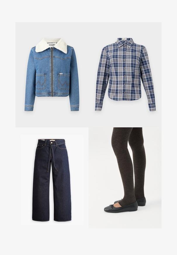 Veste en denim avec fermeture éclair à l'avant, couleur bleu clair, col en fausse toison, deux poches avant avec couture en zigzag et détail du logo Wrangler.; Chemise à manches longues à carreaux bleu et blanc avec un col et des boutons marron, présentée à plat sur un fond blanc.; Jeans en denim bleu foncé à jambes larges, avec une taille haute, dotés d'un lien à cordon, de cinq poches et de détails de couture contrastants.; Jambes portant des leggings côtelés foncés associés à des ballerines noires avec de petits détails en nœud sur fond blanc.