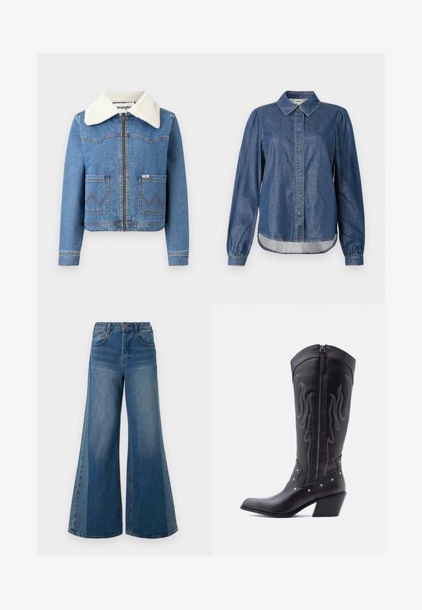 Veste en denim avec fermeture éclair à l'avant, couleur bleu clair, col en fausse toison, deux poches avant avec couture en zigzag et détail du logo Wrangler.; Chemise en denim bleu foncé avec un col, fermée par des boutons à l'avant, manches longues bouffantes et ourlet arrondi, avec des coutures contrastantes.; Jean en denim à larges jambes dans un lavage bleu foncé, avec taille haute, cinq poches et fermeture à bouton classique. Texture lisse avec un minimum de décoloration.; Bottes de cow-boy en cuir noir avec bout pointu, coutures apparentes, ornements à clous argentés et fermeture éclair sur le côté intérieur.