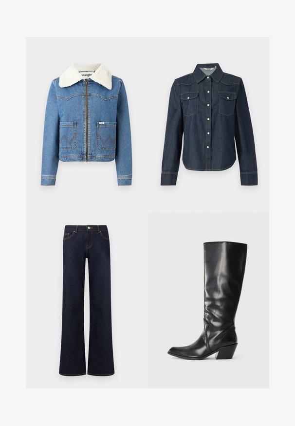 Jeansjacke mit Reißverschluss vorne, in hellblauer Farbe, mit Kragen aus Kunstfell, zwei vorderen Taschen mit Zickzacknähten und Wrangler-Logodetail.; Dunkelblaue Jeanshemd mit langen Ärmeln, spitzem Kragen, zwei Brusttaschen und weißer Knopfleiste. Kontrastnähte an den Nähten.; Dunkelblaue Denim-Jeans mit weiter Beinform, vorne Taschen, Knopf- und Reißverschluss sowie sichtbaren Kontrastnähten.; Schwarze Leder-Stiefel bis zum Knie mit spitzem Zeh, angularer Ferse und glatter Textur. Verfügt über einen dezenten gesteppten Akzent an der Seite.
