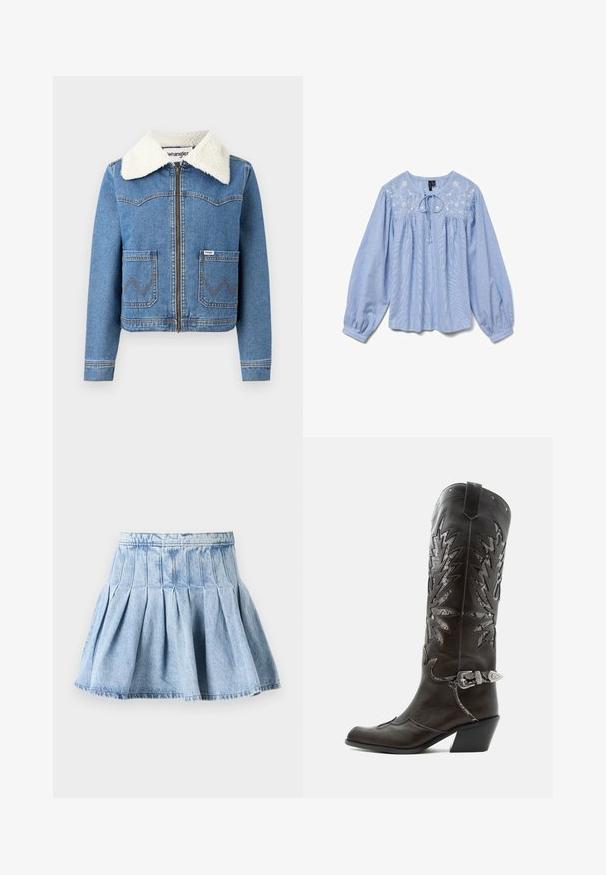 Veste en denim avec fermeture éclair à l'avant, couleur bleu clair, col en fausse toison, deux poches avant avec couture en zigzag et détail du logo Wrangler.; Blouse bleu clair avec des détails floraux brodés, manches bouffantes longues, encolure arrondie et un lien au cou, tissu texturé.; Jupe en denim bleu clair, présentant un design plissé complet et une taille. Le tissu a une texture subtile avec des détails de couture visibles.; Botte de cowboy en cuir noir avec découpes décoratives, boucle argentée et talon incliné, présentée sur fond blanc.