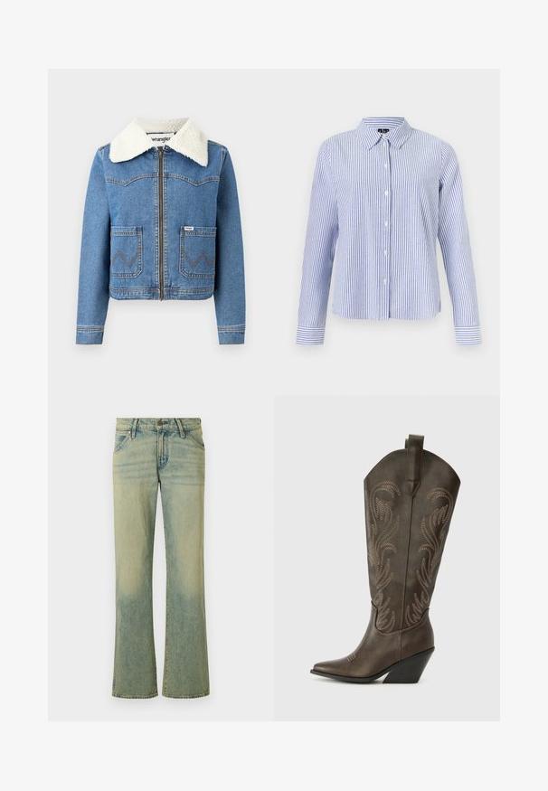 Veste en denim avec fermeture éclair à l'avant, couleur bleu clair, col en fausse toison, deux poches avant avec couture en zigzag et détail du logo Wrangler.; Chemise à manches longues boutonnée, avec des rayures verticales blanches et bleu clair et un col pointu, présentée sur un fond uni.; Jean en denim bleu clair avec une coupe évasée, comportant cinq poches et un léger dégradé. Le tissu a une texture lisse et une fermeture à bouton classique.; Botte de cowboy en cuir marron avec un embout pointu, un talon compensé et des broderies décoratives. Dispose d'un long tige et d'une languette de tirage.
