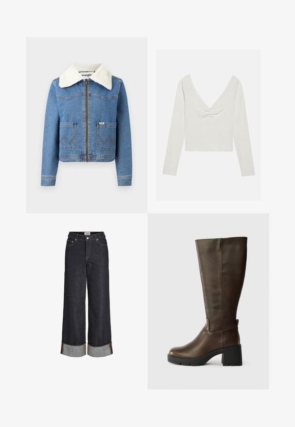 Jeansjacke mit Reißverschluss vorne, in hellblauer Farbe, mit Kragen aus Kunstfell, zwei vorderen Taschen mit Zickzacknähten und Wrangler-Logodetail.; Langärmliges, off-white Oberteil mit tiefem V-Ausschnitt und einem Knoten-Detail an der Vorderseite, aus strukturiertem Stoff und mit cropped Saum.; Dunkelblaue Jeans mit weitem Bein, aufgeschlagenen Säumen, fünf Taschen und kontrastierenden gelben Nähten.; Braune Leder-Knöchelstiefel mit einem klobigen schwarzen Absatz und strukturiertem Finish. Merkmale sind eine runde Zehenpartie und subtile Seitennahtdetails.