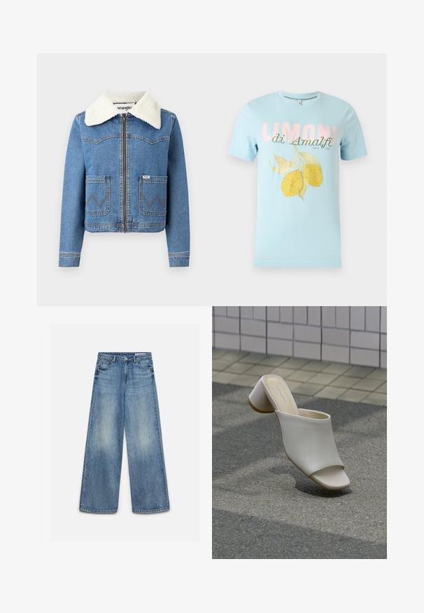 Jeansjacke mit Reißverschluss vorne, in hellblauer Farbe, mit Kragen aus Kunstfell, zwei vorderen Taschen mit Zickzacknähten und Wrangler-Logodetail.; Hellblaues T-Shirt mit kurzen Ärmeln mit dem Schriftzug „LIMONI di Amalfi“ und zwei gelben Zitronen mit grünen Blättern auf der Vorderseite.; Blaue Jeans mit weitem Bein und verwaschenem Effekt vorne, vorderer Knopf, Reißverschluss und vordere Taschen mit Gürtelschlaufen.; Ein weißer offener Mule mit Blockabsatz auf gepflastertem Boden nahe einer gefliesten Wand, schräg gestellt, um Seiten- und Draufsicht zu zeigen.