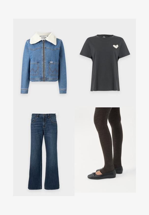 Veste en denim avec fermeture éclair à l'avant, couleur bleu clair, col en fausse toison, deux poches avant avec couture en zigzag et détail du logo Wrangler.; T-shirt noir à manches courtes avec col rond, orné d'un petit dessin en forme de cœur blanc sur la poitrine gauche.; Jean large bleu foncé avec une conception classique à cinq poches, doté d'une fermeture à bouton et de légères décolorations. Fabriqué en tissu denim.; Jambes portant des leggings côtelés foncés associés à des ballerines noires avec de petits détails en nœud sur fond blanc.