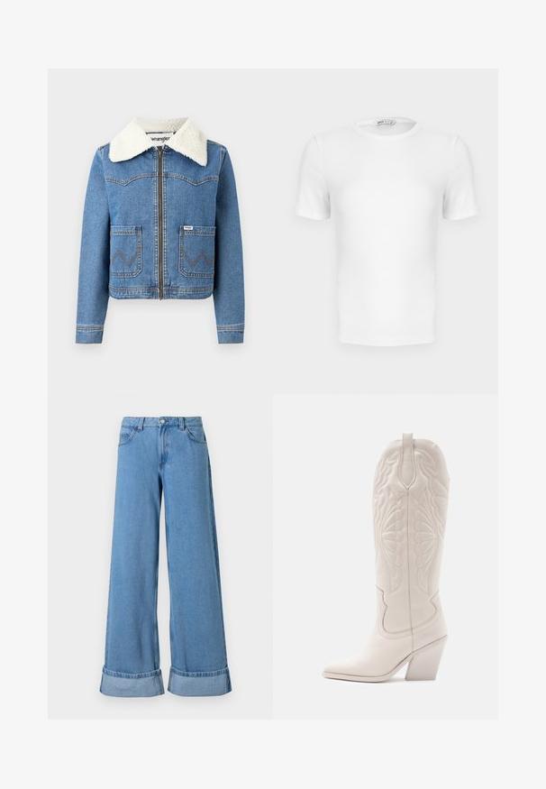 Jeansjacke mit Reißverschluss vorne, in hellblauer Farbe, mit Kragen aus Kunstfell, zwei vorderen Taschen mit Zickzacknähten und Wrangler-Logodetail.; Weißes, kurzärmeliges, geripptes T-Shirt mit Rundhalsausschnitt, figurbetontem Schnitt und kleinem Markenlabel im Krageninneren.; Hellblaue Denim-Jeans im weiten Schnitt mit hoher Taille, umgeschlagenen Säumen, fünf Taschen, und einem Knopfverschluss mit Reißverschluss.; Weiße Leder-Cowboystiefel mit spitzer Zehe und blockiertem Absatz. Sie verfügen über aufwendige Steppmuster am Schaft und eine glatte Textur.
