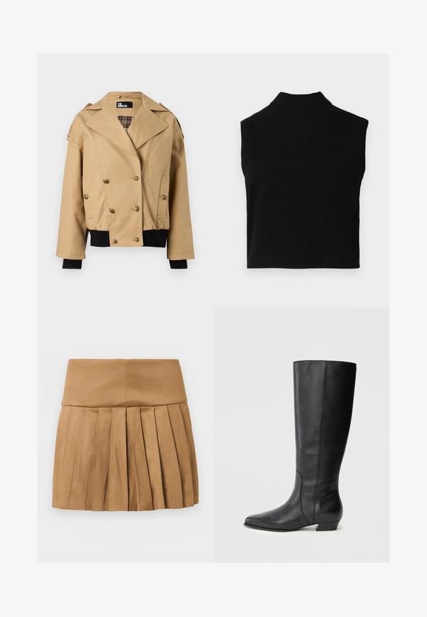 Veste beige à double boutonnage avec larges revers, boutons dorés, doublure intérieure à carreaux, poignets et bas en maille côtelée noire, et épaulettes sur les épaules.; Haut noir sans manches avec col roulé, au design ajusté, fabriqué en tissu doux, avec un col côtelé et une texture lisse.; Jupe plissée beige en tissu lisse légèrement brillant. Dotée d'une taille haute et de plusieurs plis verticaux le long de l'ourlet.; Bottes en cuir noires montant jusqu'aux genoux, avec bout pointu et talon bas carré, présentant une texture lisse et un design épuré et élégant.