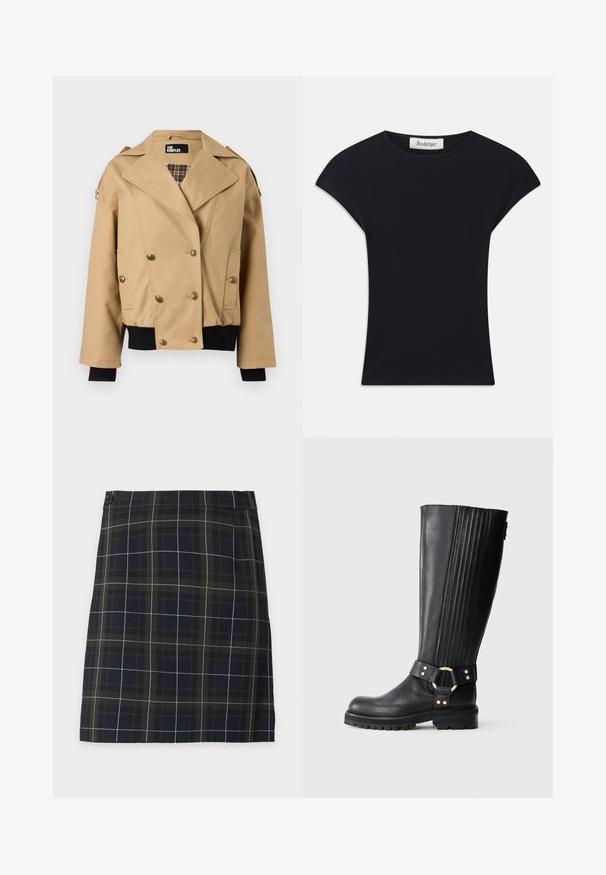 Veste beige à double boutonnage avec larges revers, boutons dorés, doublure intérieure à carreaux, poignets et bas en maille côtelée noire, et épaulettes sur les épaules.; Haut noir à manches courtes en tissu doux, avec un col rond et une coupe ajustée, ornée de légers accents d'épaule. Étiquette visible.; Mini-jupe à carreaux noirs et verts foncés avec des lignes de grille blanches et une fermeture à bouton sur la partie supérieure gauche sur un fond clair.; Botte en cuir noire jusqu'au genou avec des côtes élastiques, semelle crantée, et bande décorative avec un anneau en métal doré et des rivets.