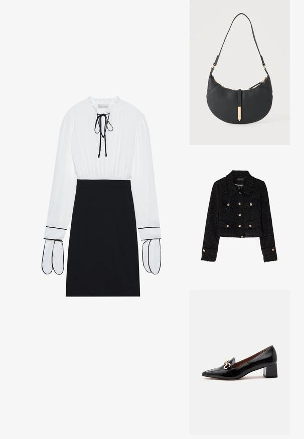 Anna Field by Zalando Veste légère - black; Blouse blanche avec un col froncé et un cordon de serrage ; jupe noire ajustée avec des passepoils blancs contrastants sur les manches. Texture de tissu lisse.; Mocassin en cuir verni noir à petit talon bloc, détail chaîne dorée sur le dessus, bout pointu et doublure intérieure marron.; Sac à main noir en forme de croissant avec une bandoulière unique, une fermeture éclair dorée et une languette décorative rectangulaire dorée à l'avant.